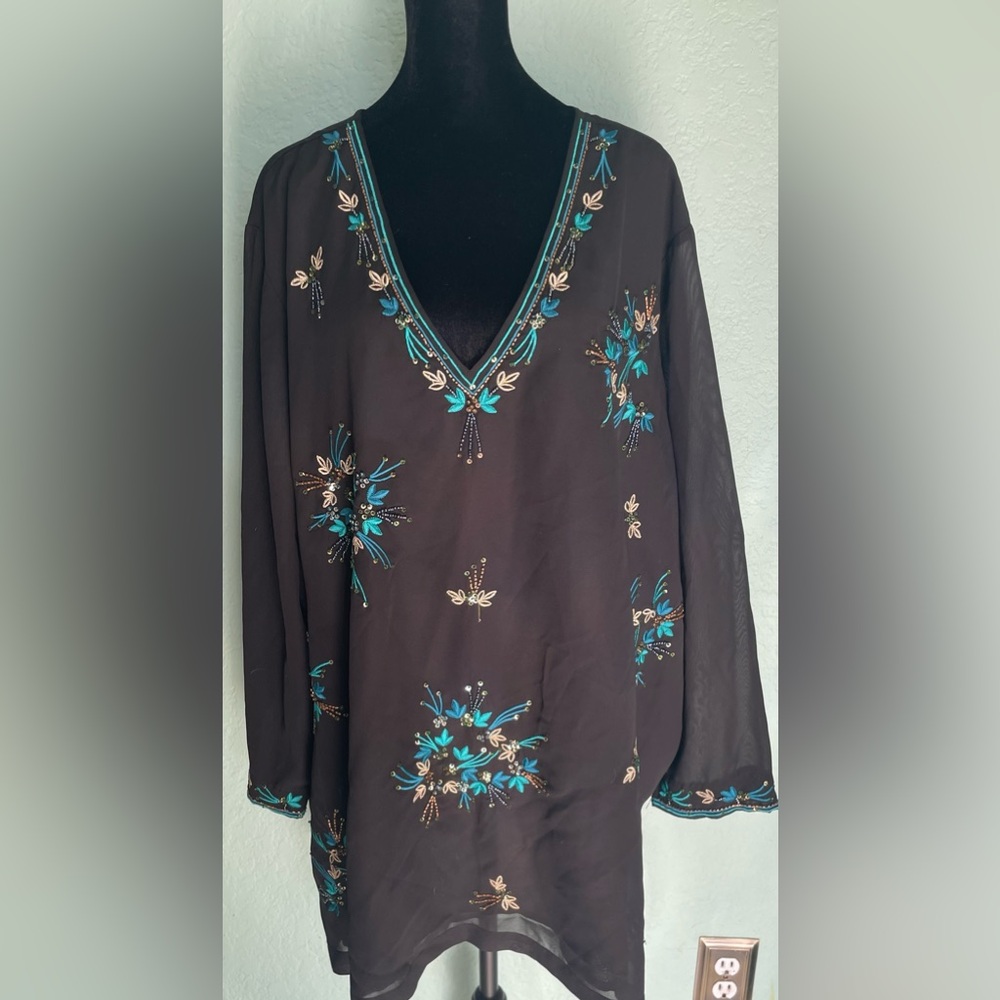 Ulla Popken Black Blouse with Turquoise Embroidery